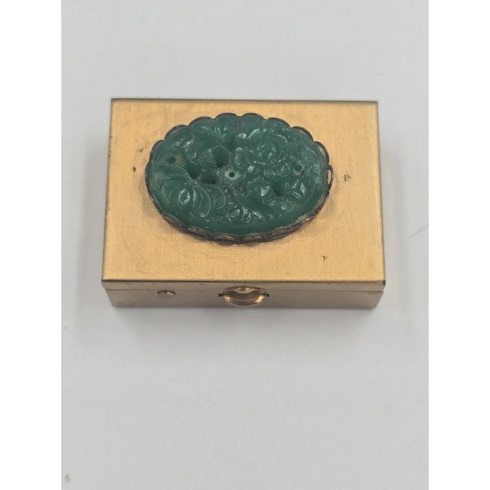 Antique Chinese Brass Pill Snuff Box with Carved Green Jadeite Jade Stone Top